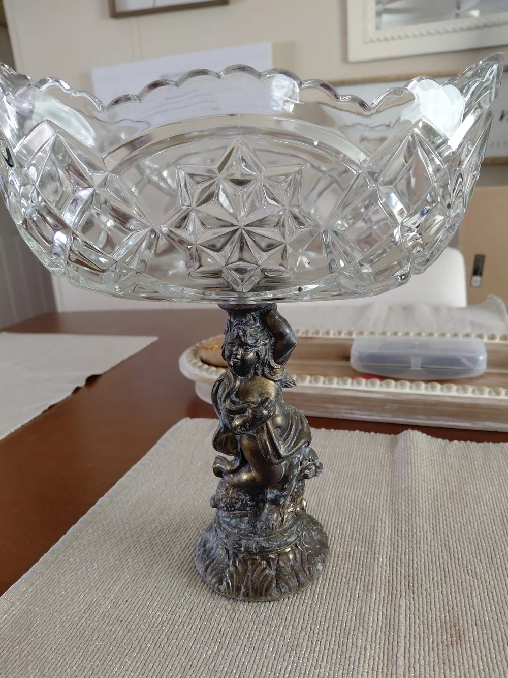 Vintage Clear Glass Compote with Bronze Cherub Pedestal
